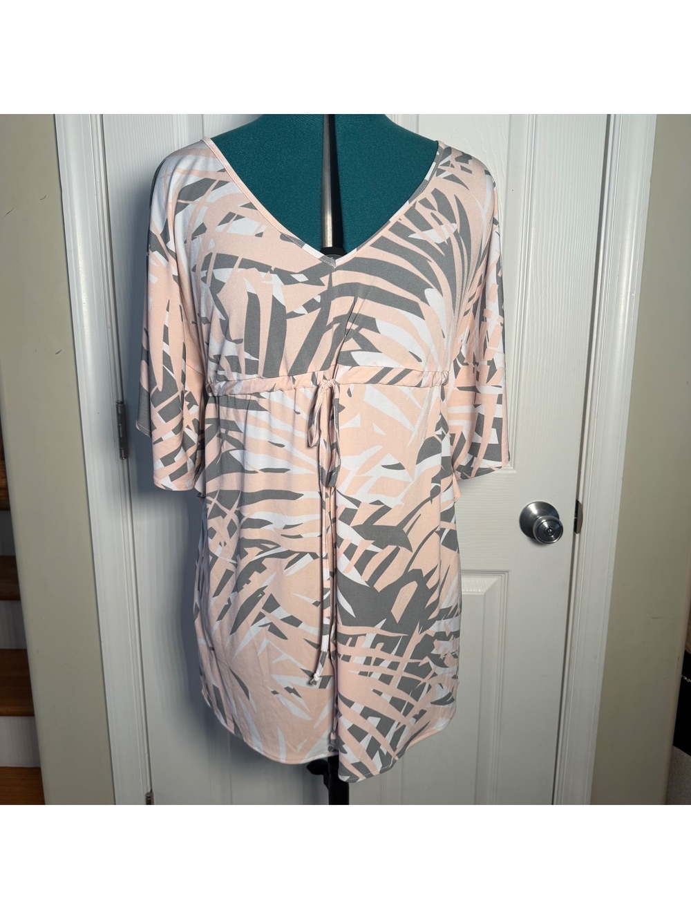 Tropical Pink Gray & White Bathing Suit Cinched Tie Coverup Summer Swim Dress